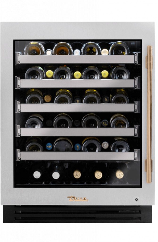 ADA Height Undercounter Wine Cabinet, Left Hinged, Color Match, Gold Hardware TUWADA24LGAXXXH08