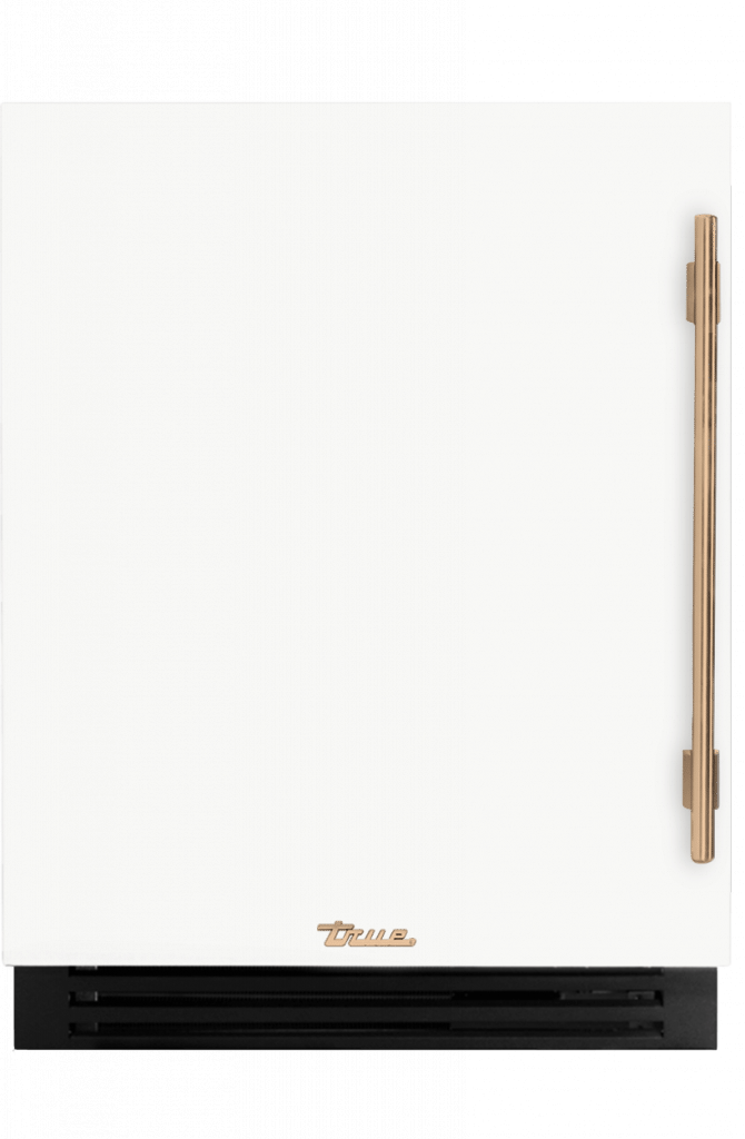 ADA Height Undercounter Wine Cabinet, Left Hinged, Matte White, Gold Hardware TUWADA24LSA030H08
