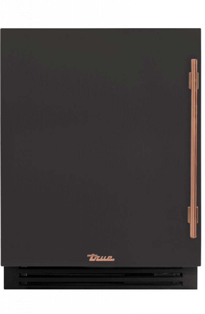 ADA Height Undercounter Wine Cabinet, Left Hinged, Ultra Matte Black, Copper Hardware TUWADA24LSA085H03