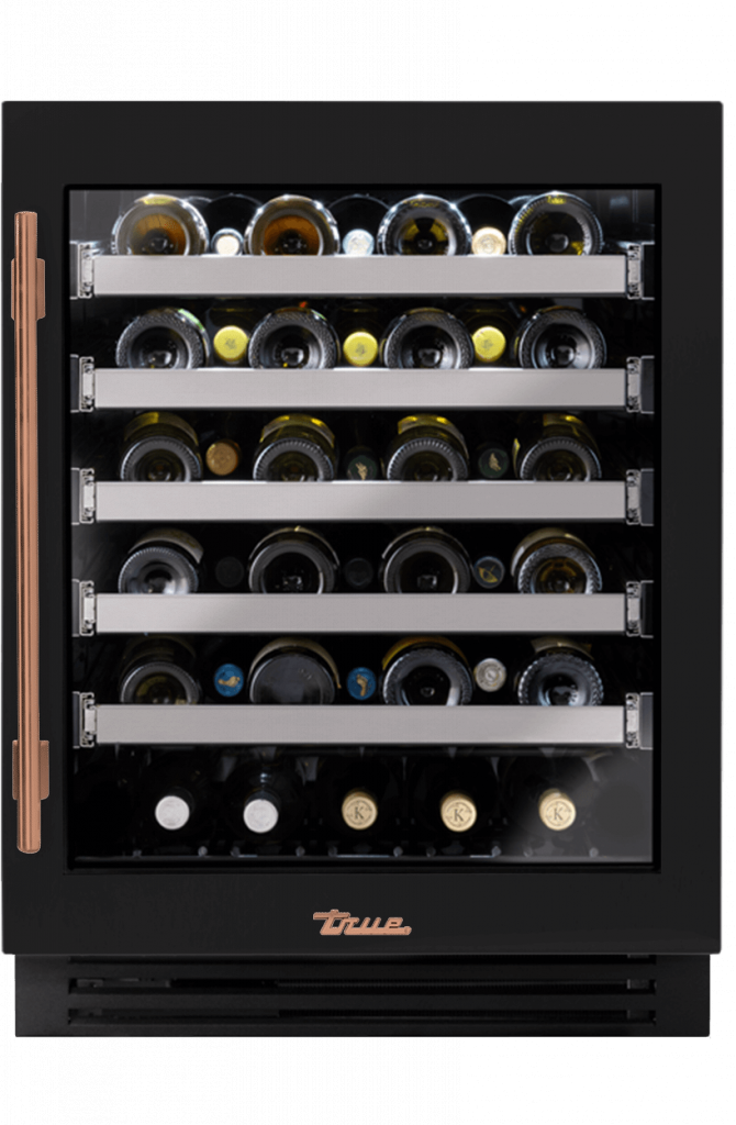 ADA Height Undercounter Wine Cabinet, Right Hinged, Matte Black, Copper Hardware TUWADA24RGA027H03