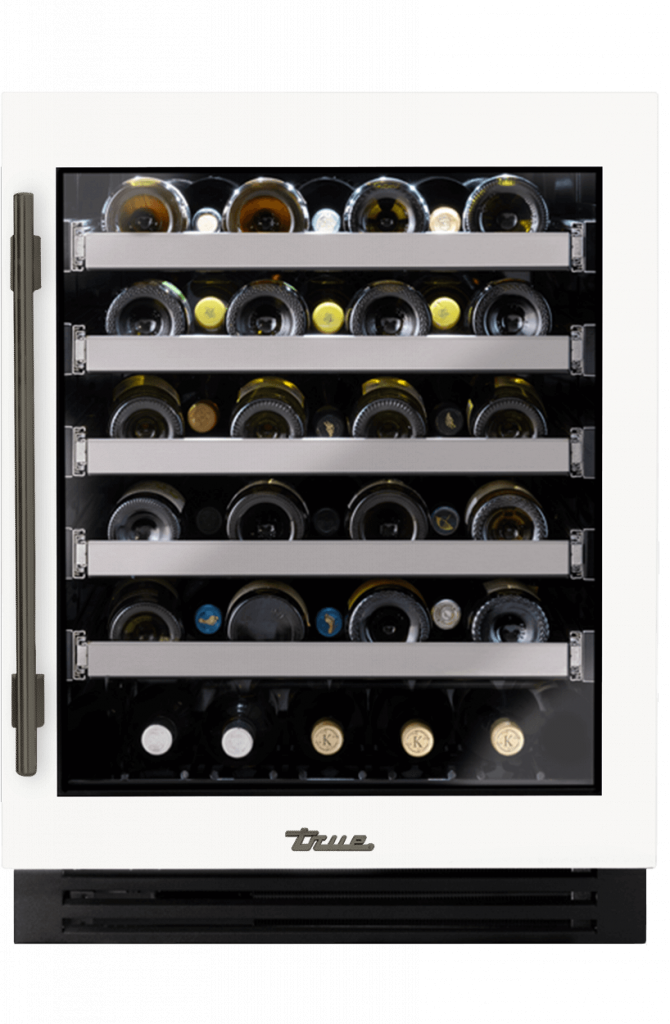 ADA Height Undercounter Wine Cabinet, Right Hinged, Matte White, Pewter Hardware TUWADA24RGA030H05