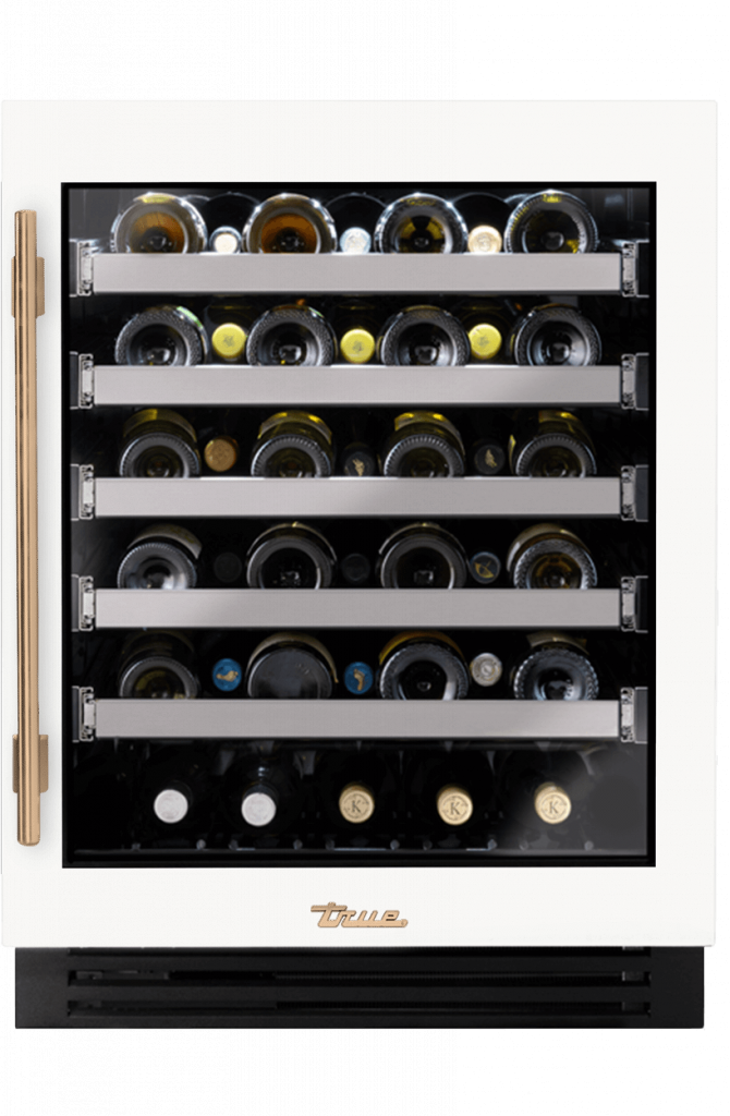 ADA Height Undercounter Wine Cabinet, Right Hinged, Matte White, Gold Hardware TUWADA24RGA030H08