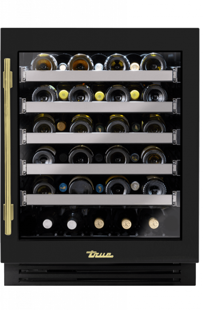 ADA Height Undercounter Wine Cabinet, Right Hinged, Gloss Black, Brass Hardware TUWADA24RGA044H01