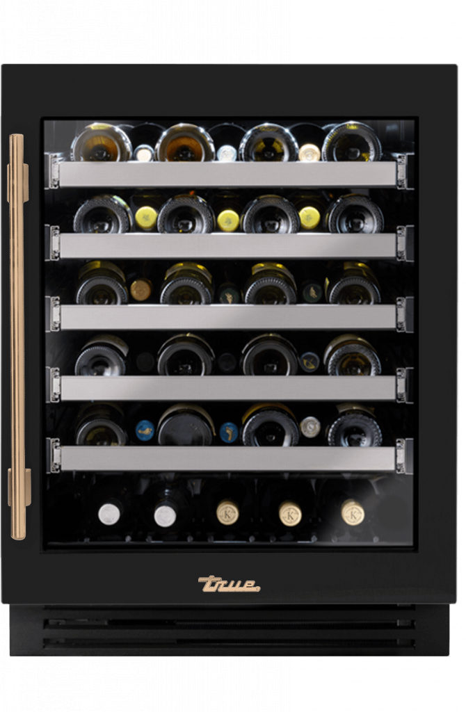 ADA Height Undercounter Wine Cabinet, Right Hinged, Gloss Black, Gold Hardware TUWADA24RGA044H08