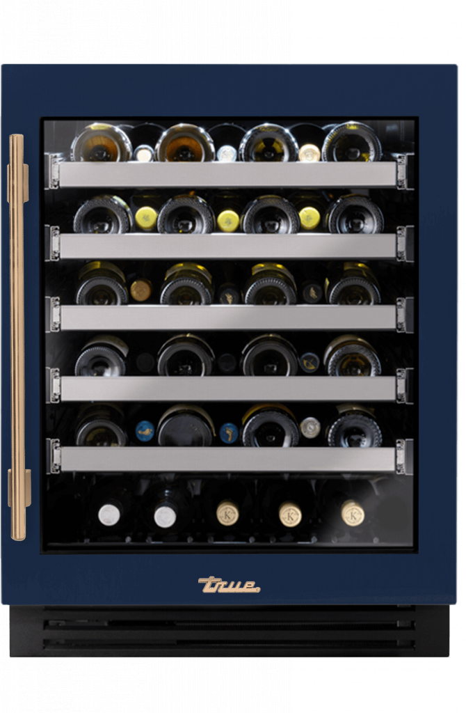 ADA Height Undercounter Wine Cabinet, Right Hinged, Cobalt, Gold Hardware TUWADA24RGA078H08