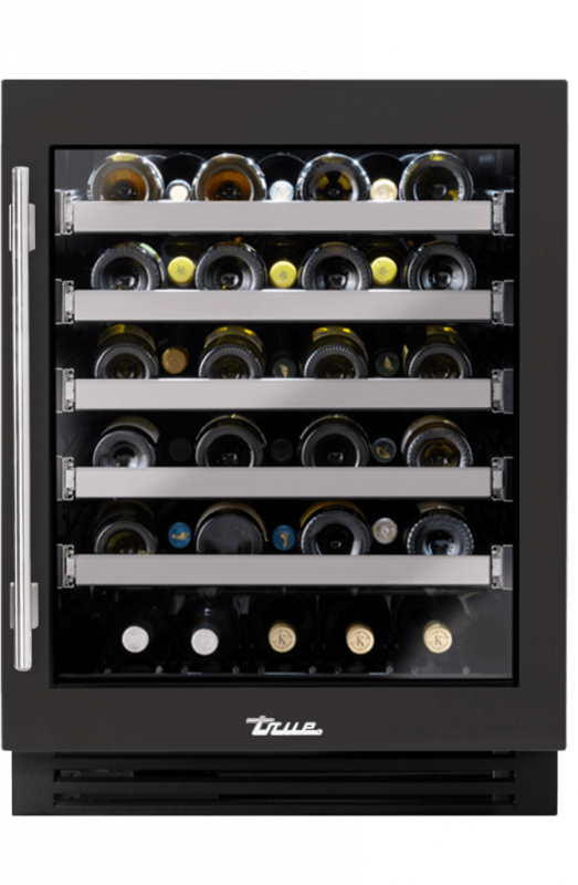 ADA Height Undercounter Wine Cabinet, Right Hinged, Ultra Matte Black, Brass Hardware TUWADA24RGA085H01