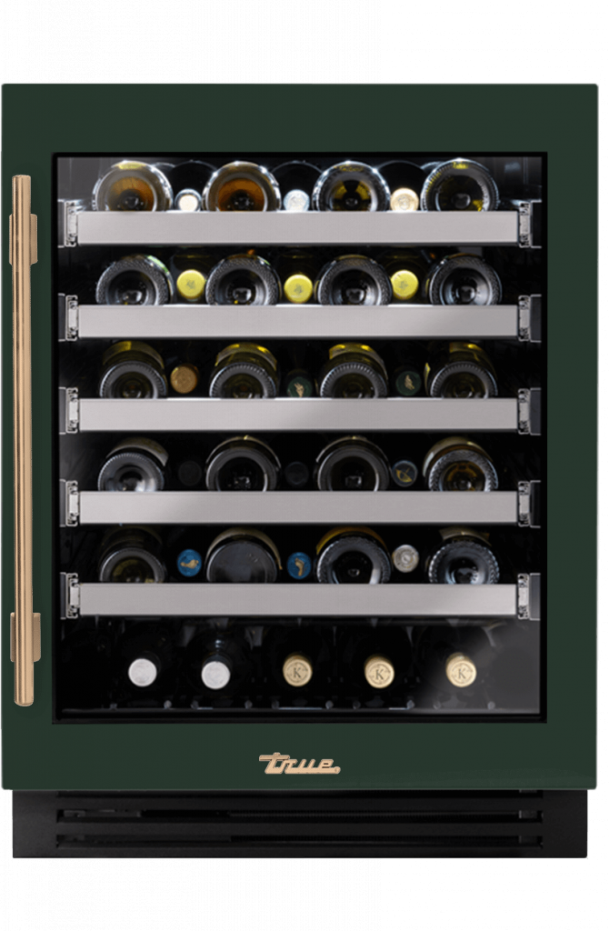 ADA Height Undercounter Wine Cabinet, Right Hinged, Emerald, Gold Hardware TUWADA24RGA086H08