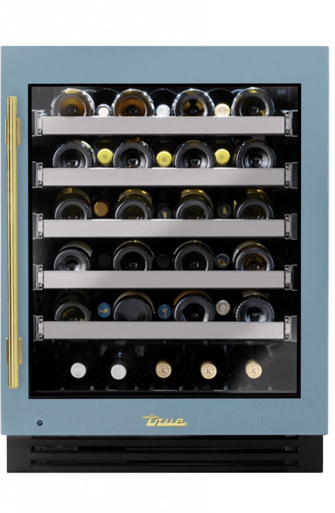 ADA Height Undercounter Wine Cabinet, Right Hinged, Bluestone, Brass Hardware TUWADA24RGA152H01