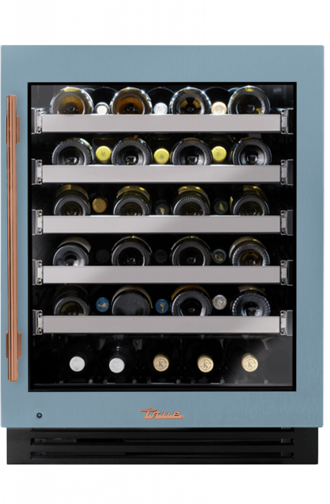 ADA Height Undercounter Wine Cabinet, Right Hinged, Bluestone, Copper Hardware TUWADA24RGA152H03