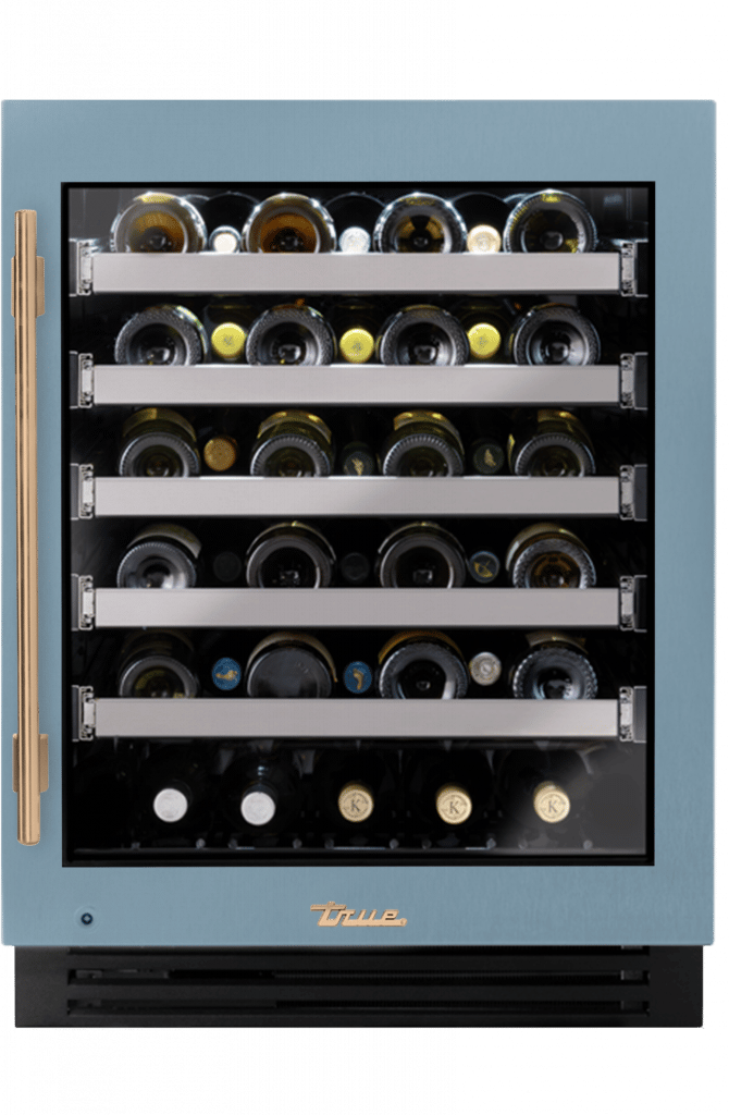 ADA Height Undercounter Wine Cabinet, Right Hinged, Bluestone, Gold Hardware TUWADA24RGA152H08