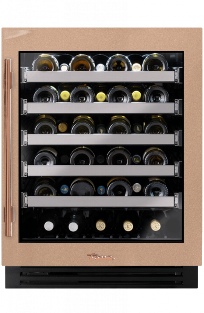 ADA Height Undercounter Wine Cabinet, Right Hinged, Champagne, Copper Hardware TUWADA24RGA179H03