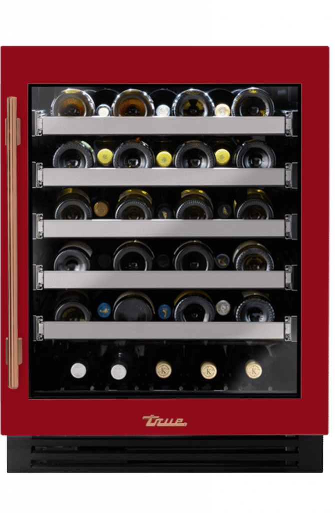ADA Height Undercounter Wine Cabinet, Right Hinged, Crimson, Copper Hardware TUWADA24RGA193H03