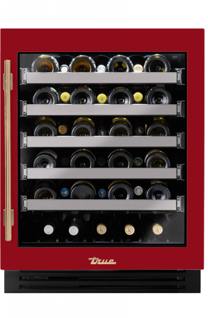 ADA Height Undercounter Wine Cabinet, Right Hinged, Crimson, Gold Hardware TUWADA24RGA193H08