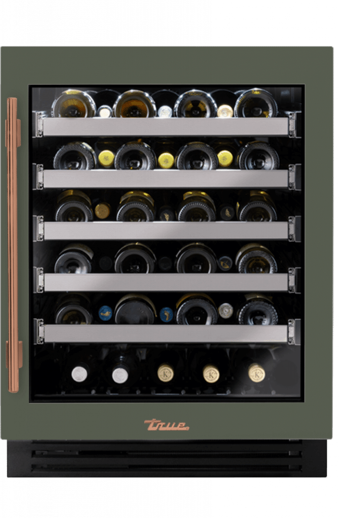 ADA Height Undercounter Wine Cabinet, Right Hinged, Olive, Copper Hardware TUWADA24RGA238H03