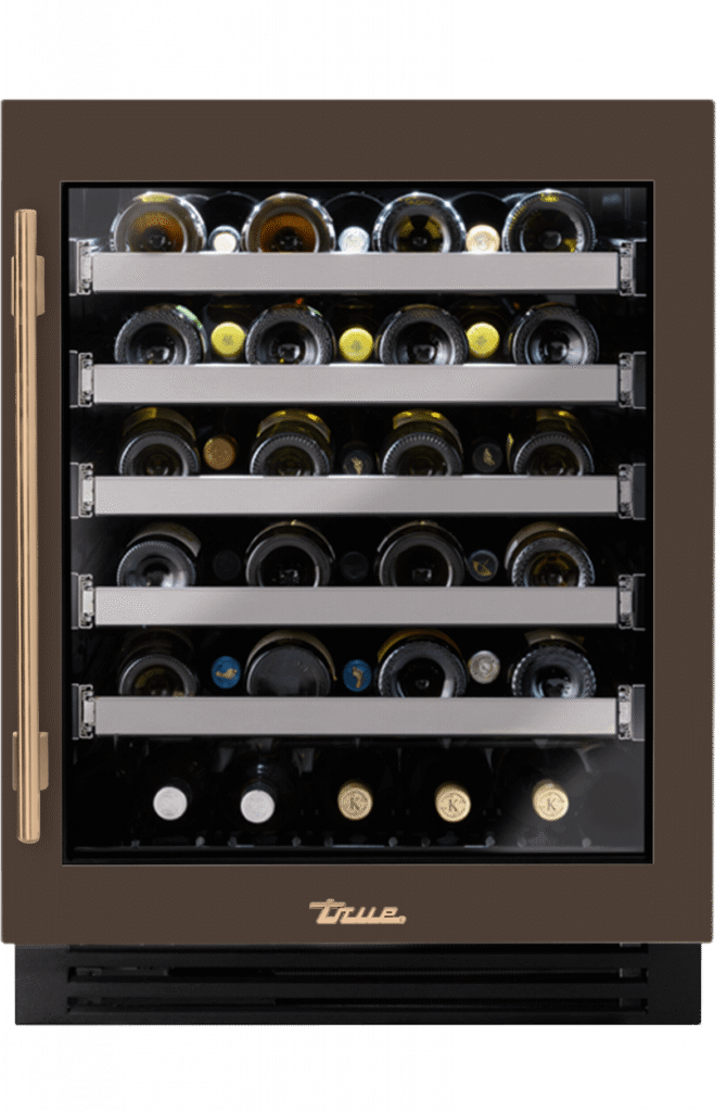 ADA Height Undercounter Wine Cabinet, Right Hinged, Espresso, Gold Hardware TUWADA24RGA305H08