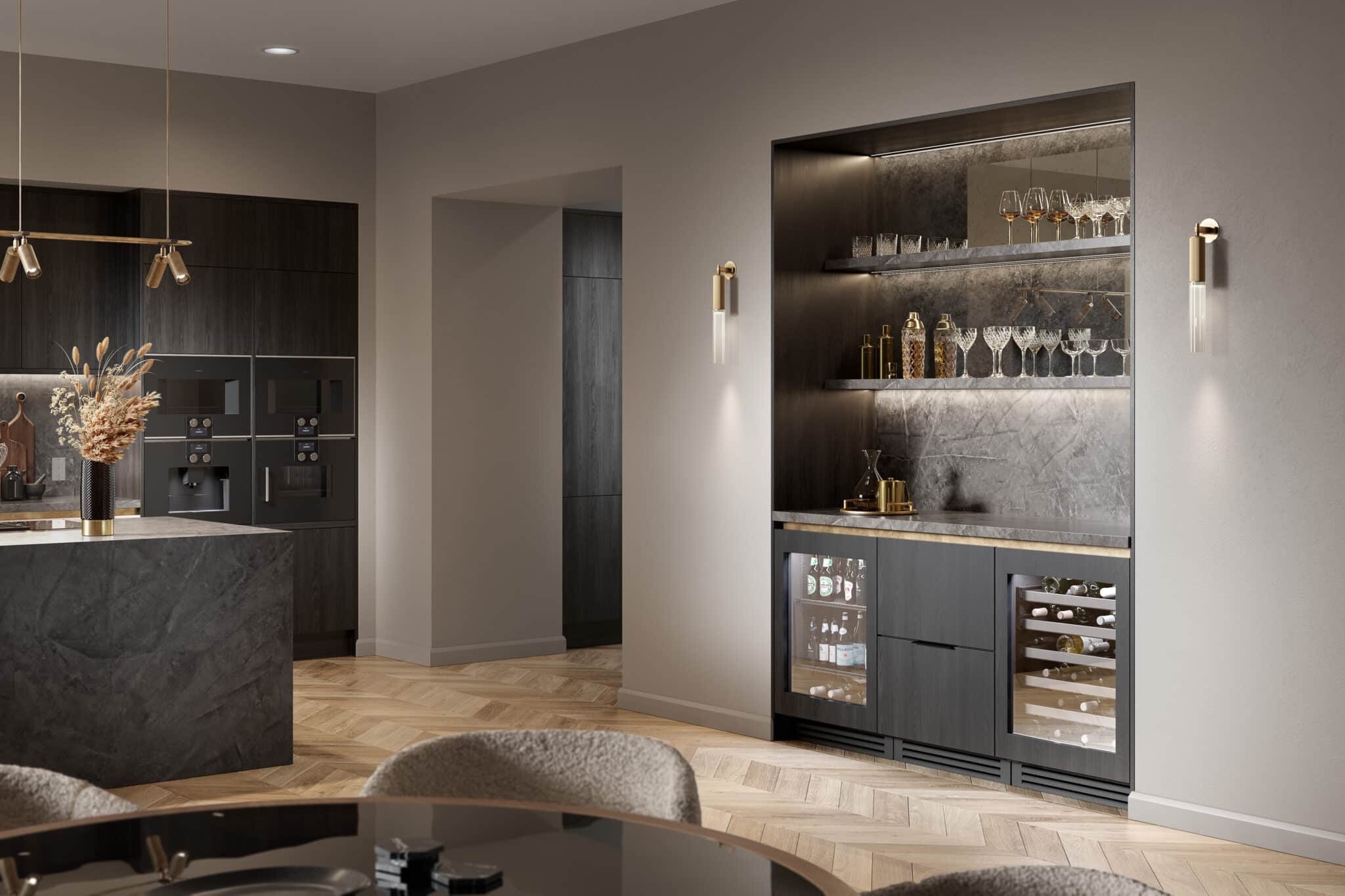 ADA Height Undercounter Wine Cabinet, Right Hinged, Matte Black, Gold Hardware TUWADA24RSA027H08