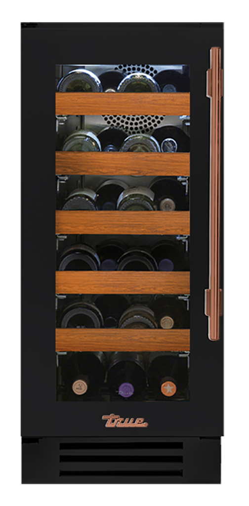 Undercounter Wine Cabinet, Left Hinged, Matte Black, Copper Hardware TWC15LOGCDSK027H03