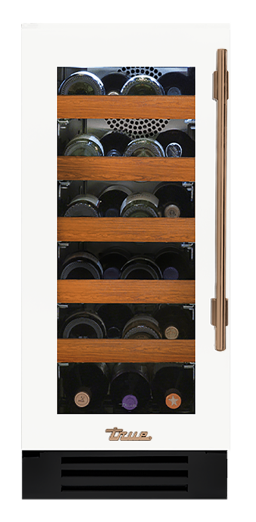 Undercounter Wine Cabinet, Left Hinged, Matte White, Gold Hardware TWC15LOGCDSK030H08