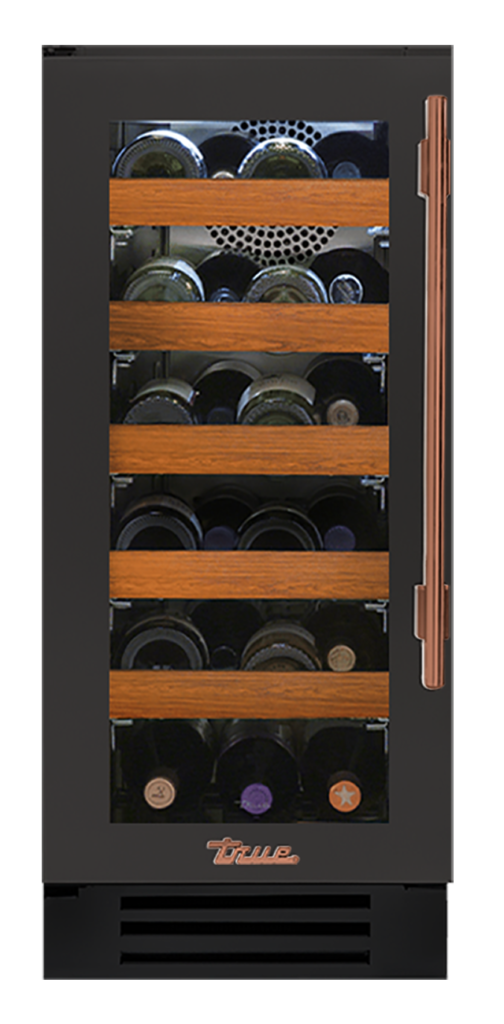 Undercounter Wine Cabinet, Left Hinged, Ultra Matte Black, Copper Hardware TWC15LOGCDSK085H03