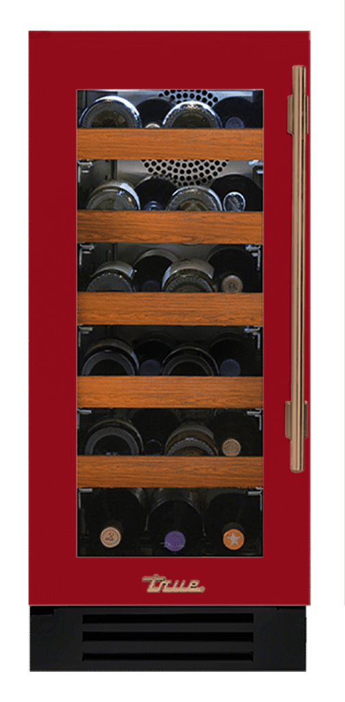 Undercounter Wine Cabinet, Left Hinged, Crimson, Gold Hardware TWC15LOGCDSK193H08