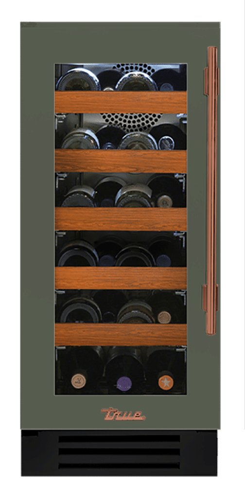 Undercounter Wine Cabinet, Left Hinged, Olive, Copper Hardware TWC15LOGCDSK238H03