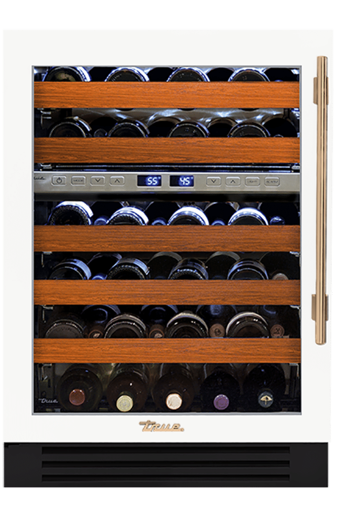 Undercounter Wine Cabinet, Left Hinged, Matte White, Gold Hardware TWC24DZLOGCDSK030H08