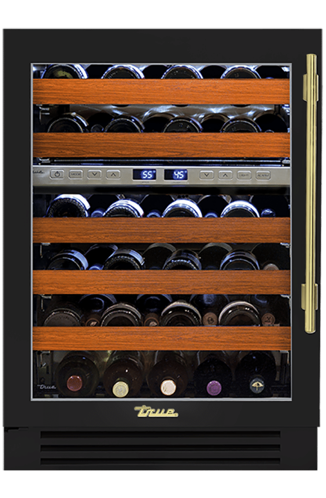 Undercounter Wine Cabinet, Left Hinged, Gloss Black, Brass Hardware TWC24DZLOGCDSK044H01
