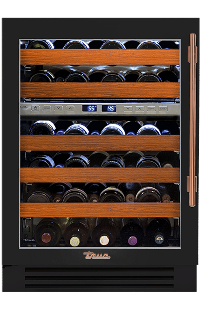 Undercounter Wine Cabinet, Left Hinged, Gloss Black, Copper Hardware TWC24DZLOGCDSK044H03