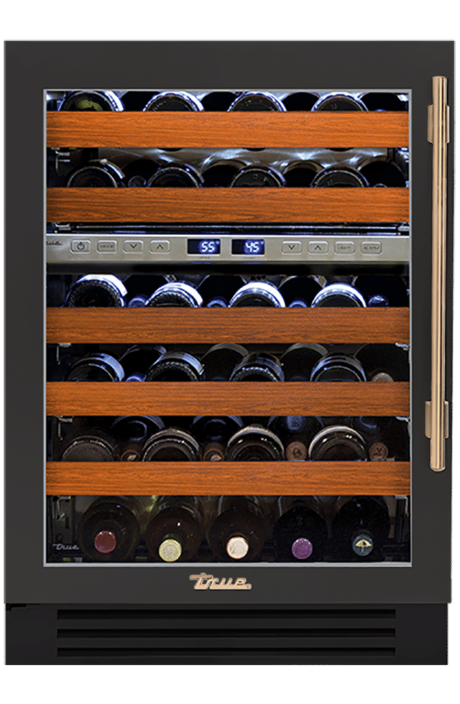 Undercounter Wine Cabinet, Left Hinged, Ultra Matte Black, Gold Hardware TWC24DZLOGCDSK085H08