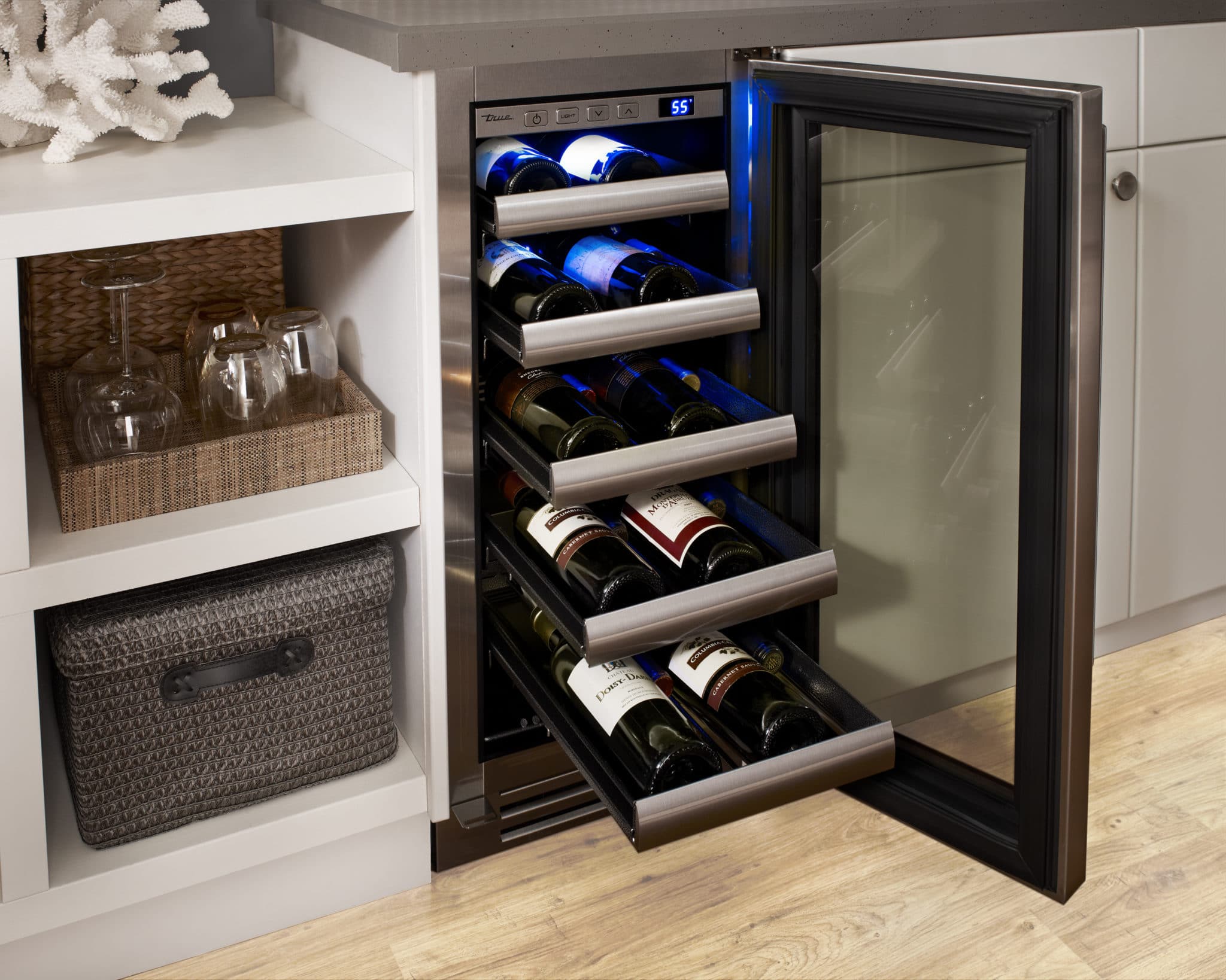 Undercounter Wine Cabinet, Left Hinged, Bluestone, Chrome Hardware TWC24DZLOGCDSK152H02