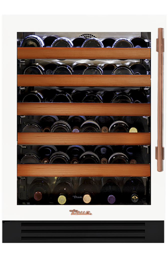 Undercounter Wine Cabinet, Left Hinged, Matte White, Copper Hardware TWC24LOGCDSK030H03