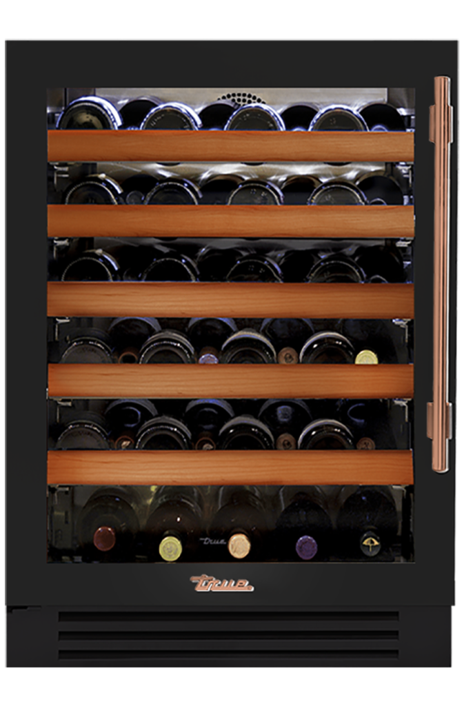 Undercounter Wine Cabinet, Left Hinged, Gloss Black, Copper Hardware TWC24LOGCDSK044H03
