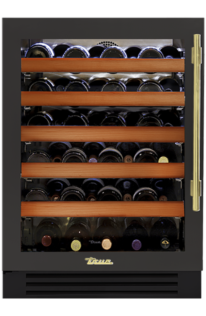 Undercounter Wine Cabinet, Left Hinged, Ultra Matte Black, Brass Hardware TWC24LOGCDSK085H01