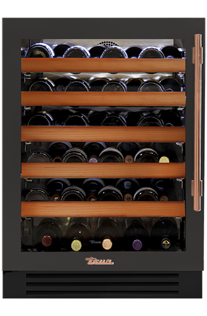 Undercounter Wine Cabinet, Left Hinged, Ultra Matte Black, Copper Hardware TWC24LOGCDSK085H03