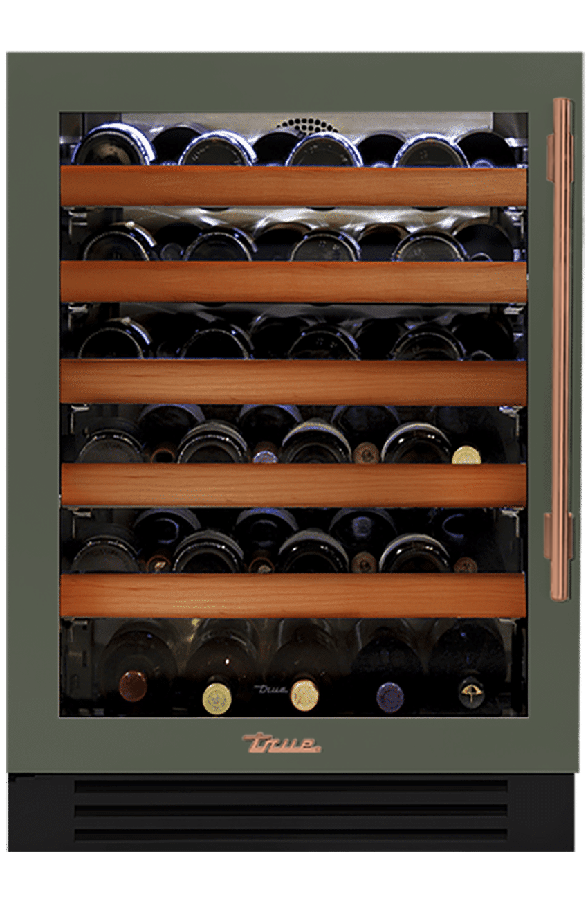 Undercounter Wine Cabinet, Left Hinged, Olive, Copper Hardware TWC24LOGCDSK238H03