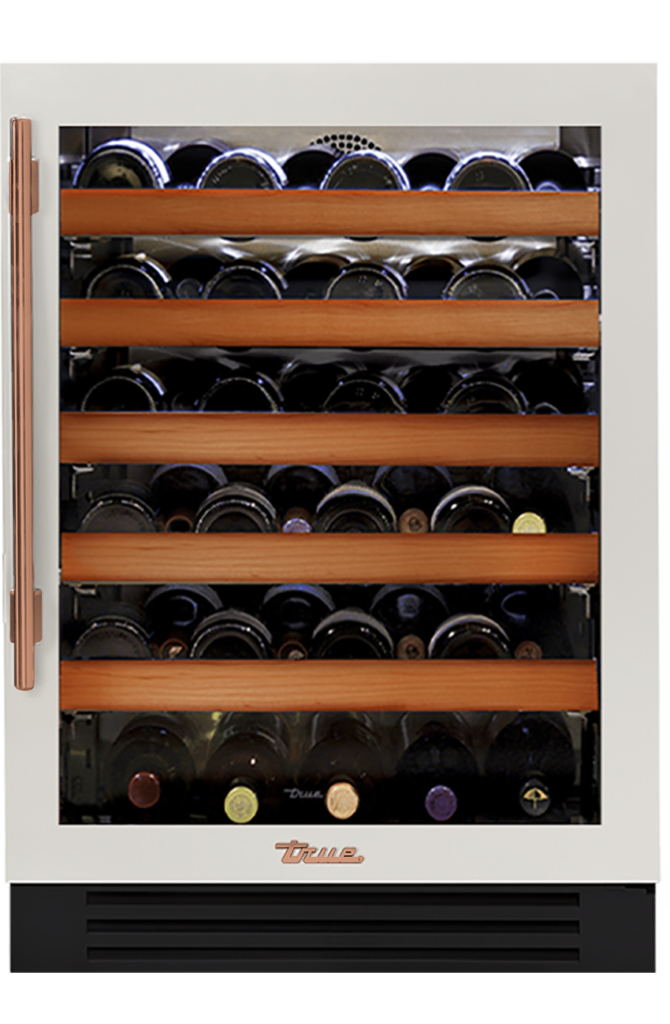 Undercounter Wine Cabinet, Right Hinged, Antique White, Copper Hardware TWC24ROGCDSK050H03