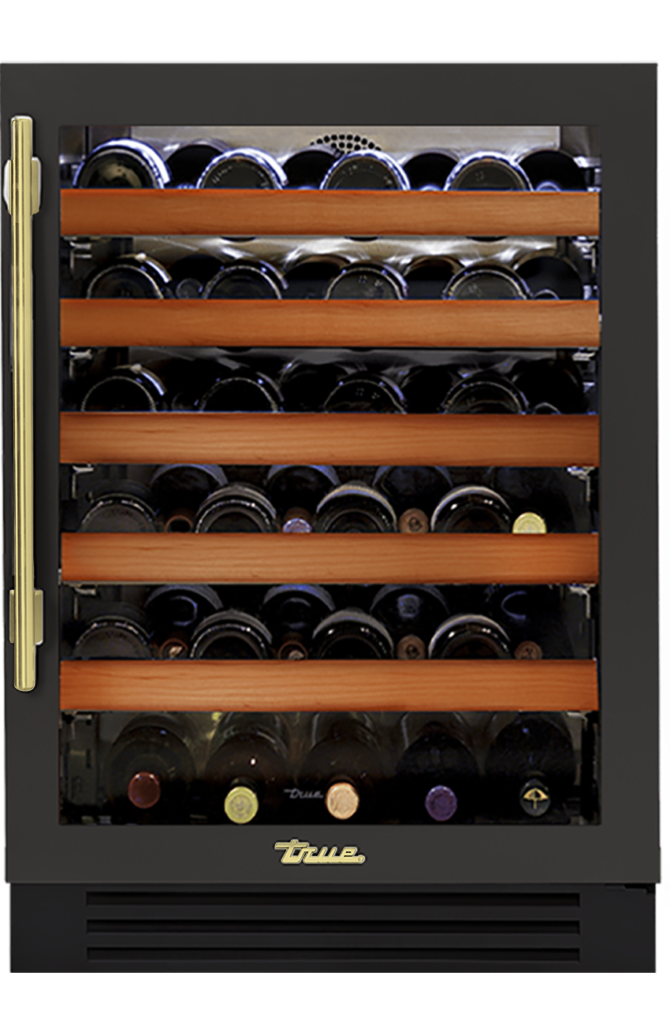 Undercounter Wine Cabinet, Right Hinged, Ultra Matte Black, Brass Hardware TWC24ROGCDSK085H01