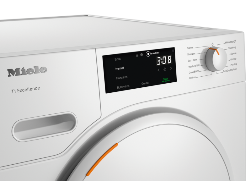 T1 Heat‑Pump Dryer: With Miele@home and FragranceDos for laundry that smells great. TXD160WP