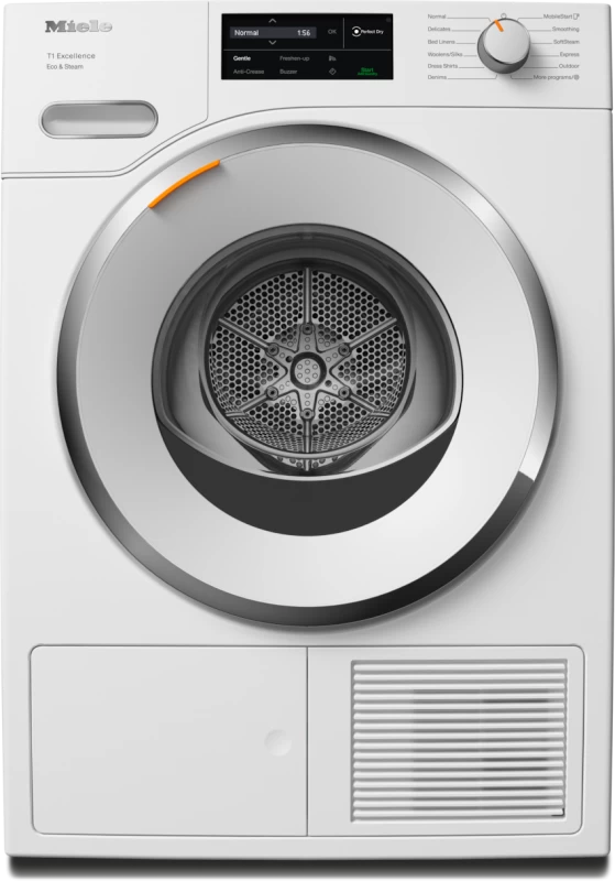 T1 Heat‑Pump Dryer: With Miele@home and SteamFinish for smart laundry care. TXI680WPECOSTEAM
