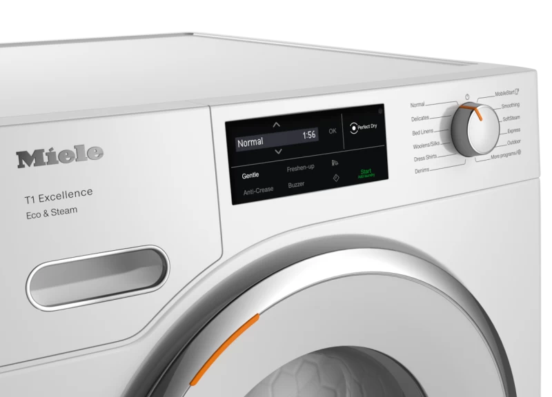 T1 Heat‑Pump Dryer: With Miele@home and SteamFinish for smart laundry care. TXI680WPECOSTEAM