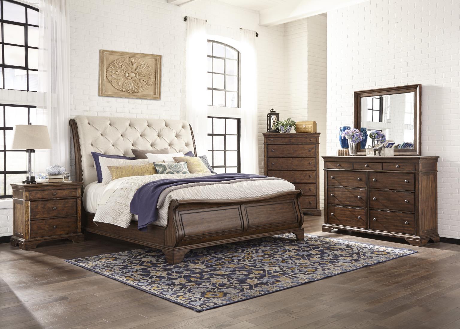 TY920 Trisha Yearwood Home BR Complete Dottie Upholstered Headboard Sleigh Bed King TY920266K