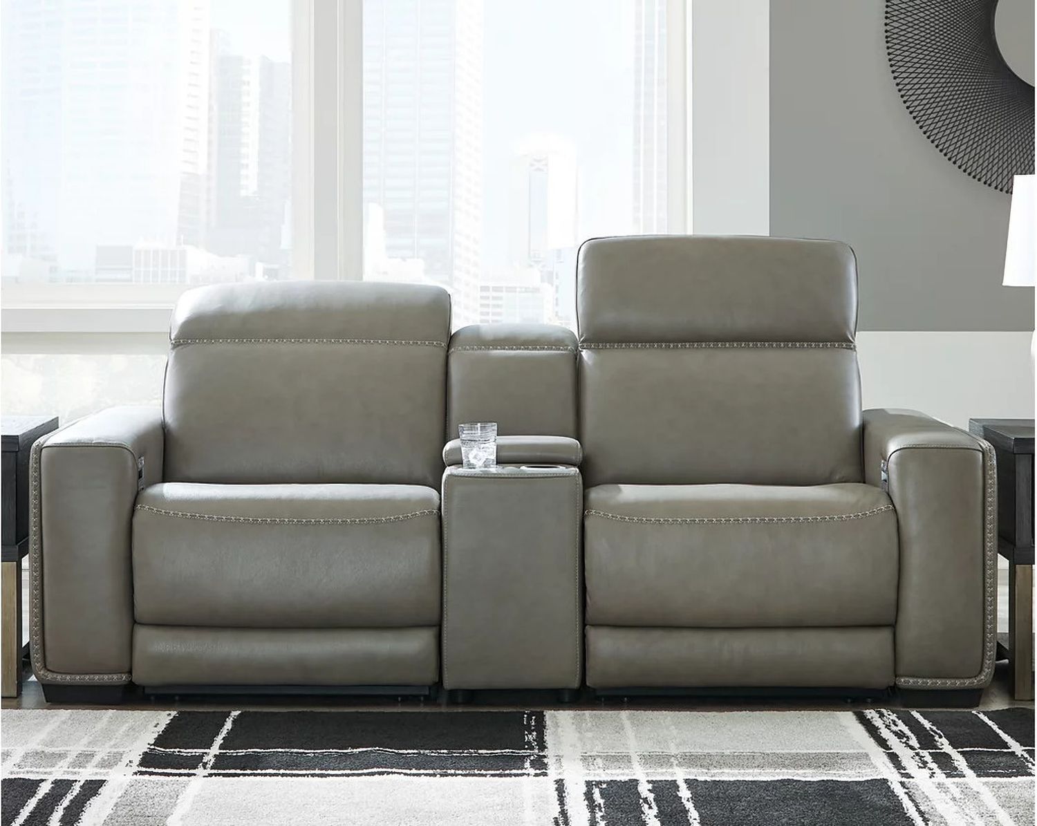 Correze Leather Power Reclining Console Loveseat In Gray U94202S3