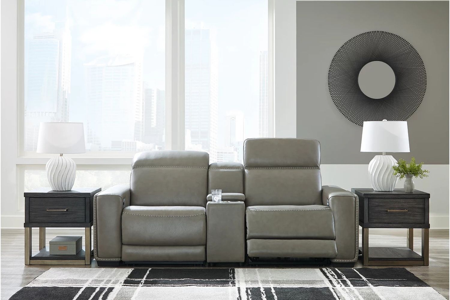 Correze Leather Power Reclining Console Loveseat In Gray U94202S3