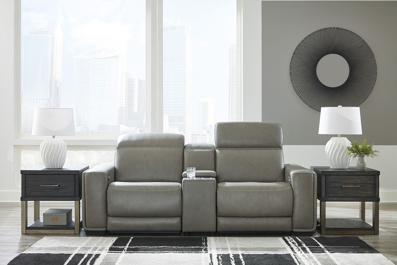 Correze Leather Power Reclining Console Loveseat In Gray U94202S3