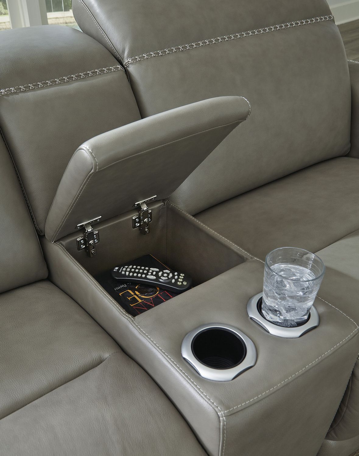 Correze Leather Power Reclining Console Loveseat In Gray U94202S3