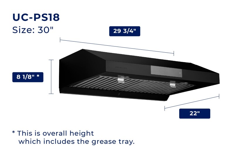 30" Under Cabinet Range Hood - Ducted - 3-Way Venting Matte Black UCPS18BLK30