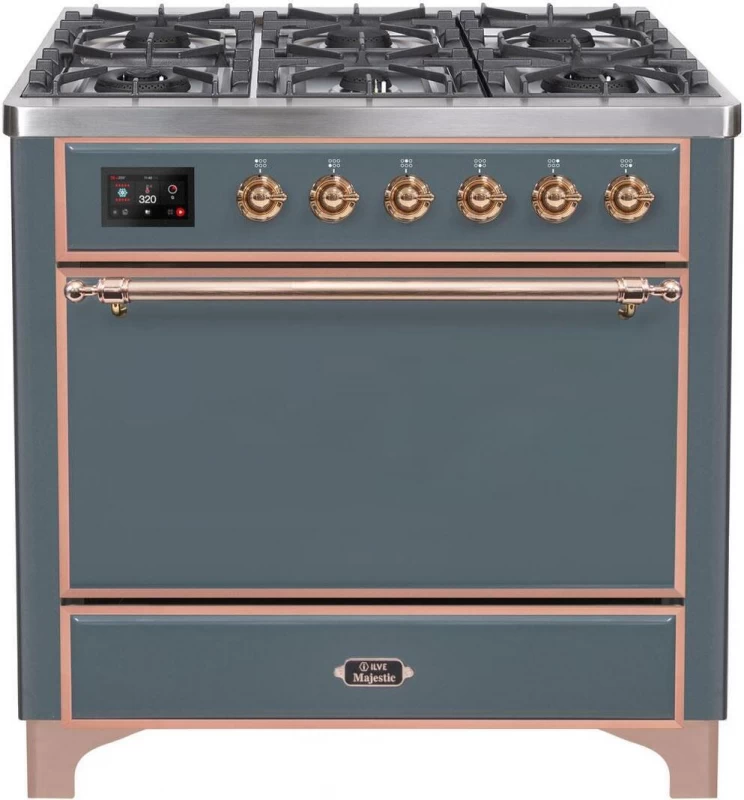 Majestic II Series 36 inch Freestanding Dual Fuel Range with Liquid Propane, 6 Sealed Brass Burners, 3.5 cu. ft. Total Oven Capacity, Convection Oven, Warming Drawer, with Copper Trim UM096DQNS3BGPLP