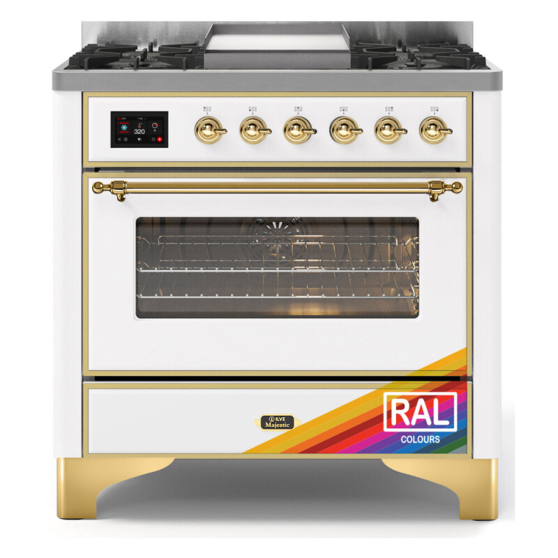 UM09FDNS3RALG 36" Majestic II Series Dual Fuel Natural Gas Range with 6 Burners and Griddle, 3.5 cu. ft. Oven Capacity, TFT Oven Control Display, Brass Trim, UM09FDNS3RAG