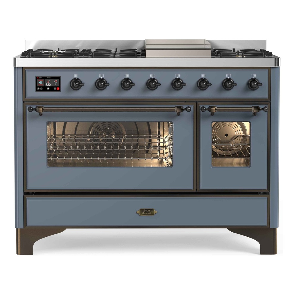 Majestic II Series 48 inch Freestanding Dual Fuel Range with Natural Gas, 8 Sealed Brass Burners, Double Ovens, 5.02 cu. ft. Total Oven Capacity, Griddle, Convection Oven, Continuous Grates,  UM12FDNS3BGB