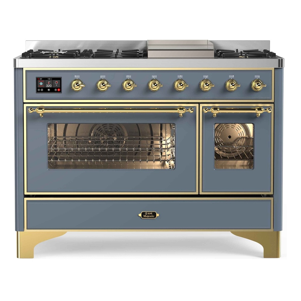 Majestic II Series 48 inch Freestanding Dual Fuel Range with Natural Gas, 8 Sealed Brass Burners, Double Ovens, 5.02 cu. ft. Total Oven Capacity, Griddle, Convection Oven, Continuous Grates, UM12FDNS3BGG